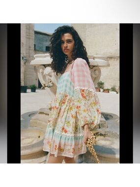 Spell Flora Tunic Dress Size XL Pink Floral Plaid Balloon Sleeve Knee Length